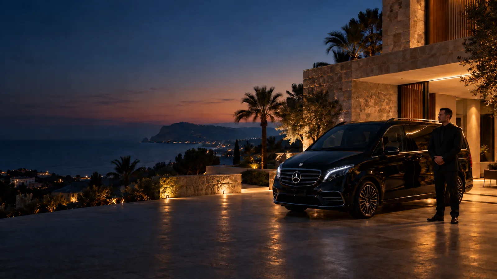 Black Mercedes and security professional outside a Mediterranean villa at dusk