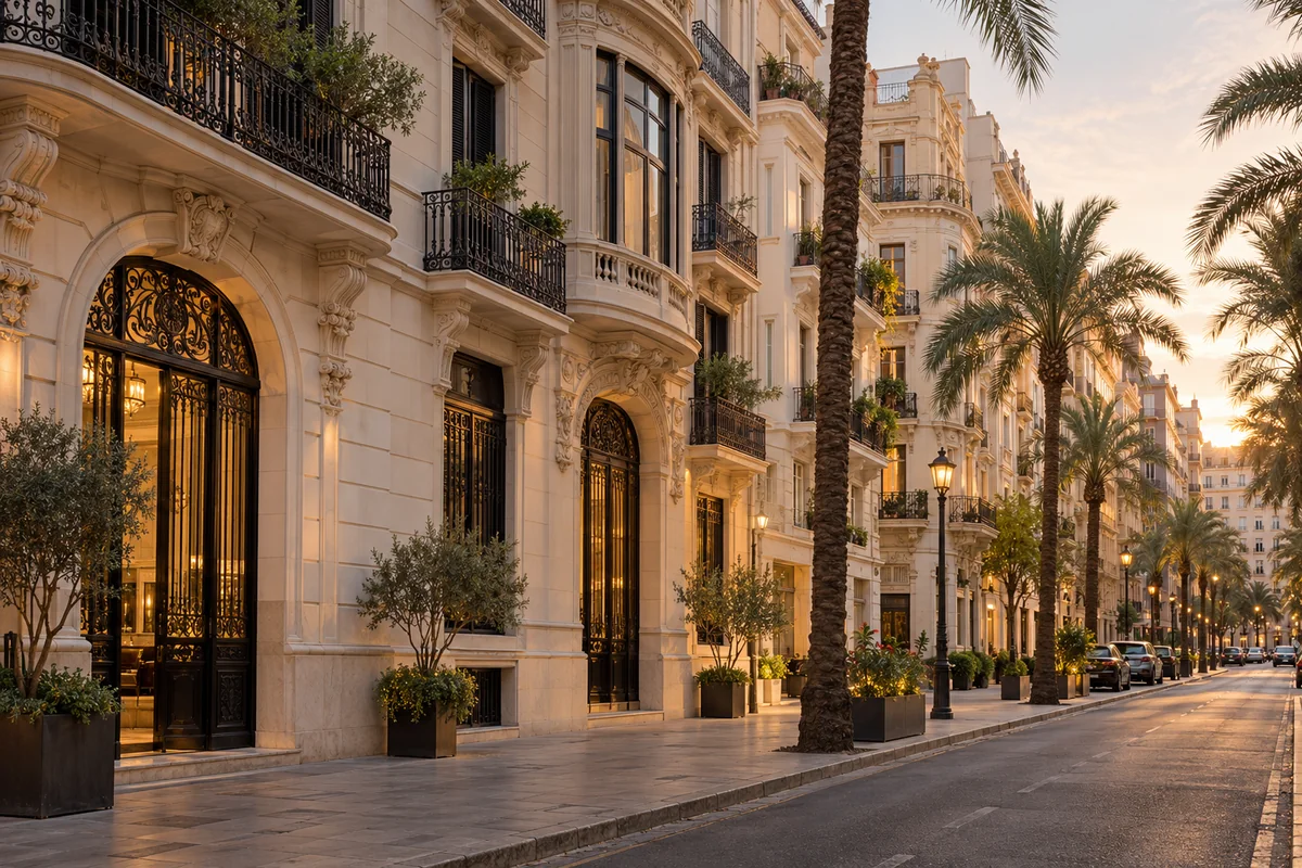 Elegant Valencian architecture and palms in evening light